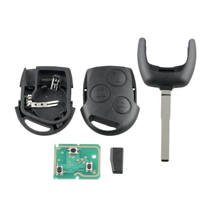 Ford Focus Compatible Oval Remote Key with Battery shown disassembled with key blade, shell, and circuit board