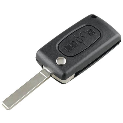 Peugeot 2-Button Wireless Remote Key for Vehicle Access showing black key fob with flip key blade and two buttons