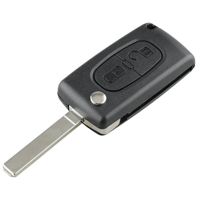 Peugeot 2-Button Wireless Remote Key for Vehicle Access showing black key fob with flip key blade and two buttons