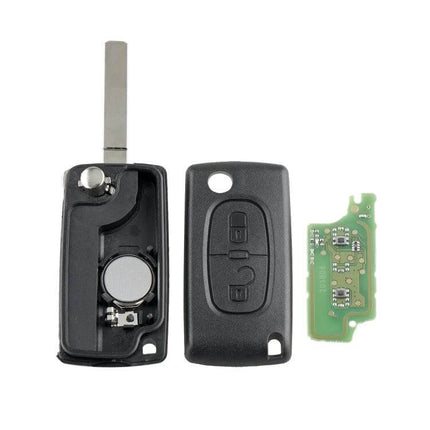Peugeot 2-Button Wireless Remote Key for Vehicle Access showing opened shell, key blade and circuit board