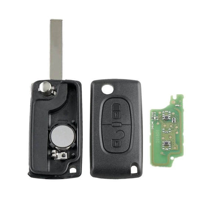 Peugeot 2-Button Remote Key for Vehicle Access Control - replacement remote with 433MHz chip, key blade, and circuit board, requires cutting/programming