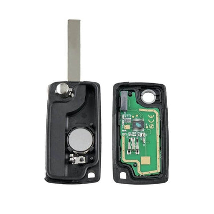 Peugeot 3-Button Smart Replacement Remote Key for Vehicles showing opened key shell with PCB and battery for DIY replacement