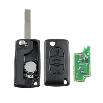 Peugeot 3-Button Smart Replacement Remote Key for Vehicles shown disassembled with blade, shell and circuit board