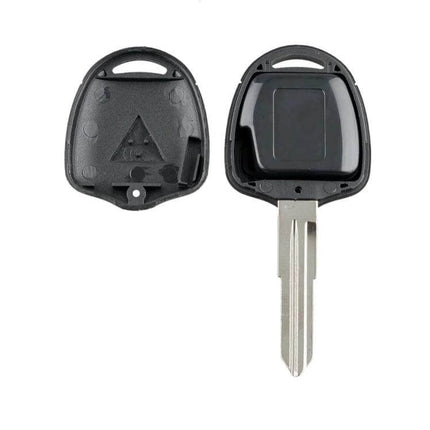 Mitsubishi 2-Button Car Key Remote with Integrated Battery replacement shell and key blade shown front and back