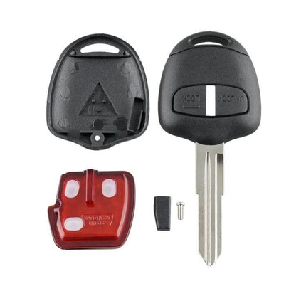 Mitsubishi 2-Button Car Key Remote with Integrated Battery replacement kit showing key shell, buttons, battery compartment and key blade