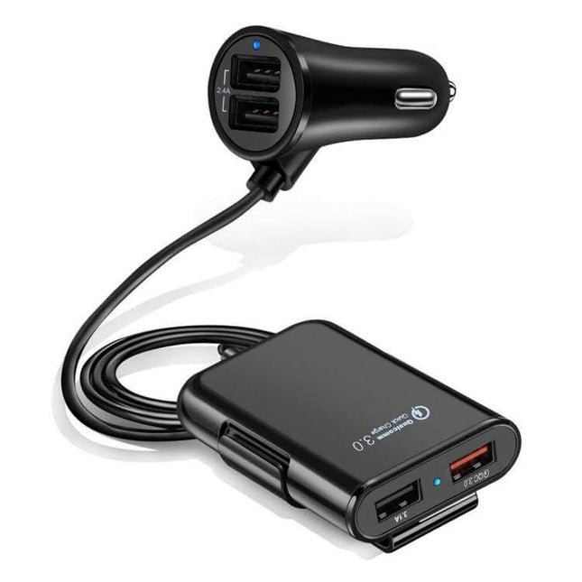USB Car Charger Hub For Front And Back Seat Charging — black 12V dual USB car charger with front plug and rear hub for multiple device charging