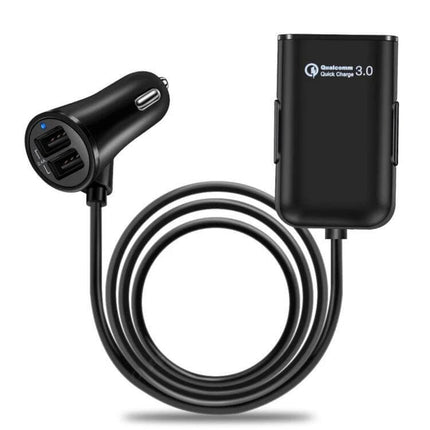USB Car Charger Hub For Front And Back Seat Charging plugged into 12V outlet with dual USB ports and long cable for front and rear passengers
