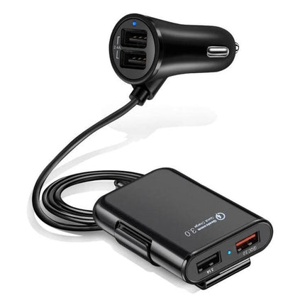 USB Car Charger Hub For Front And Back Seat Charging plugged into 12V outlet with dual USB ports and rear charging cable hub