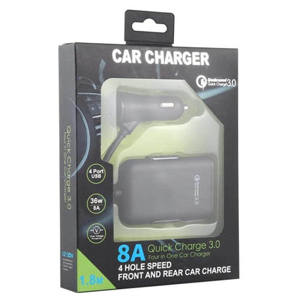 USB Car Charger Hub For Front And Back Seat Charging in retail packaging showing 4-port 8A quick charge car charger for front and rear passengers
