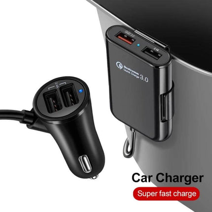 USB Car Charger Hub For Front And Back Seat Charging plugged into 12V outlet with dual USB ports for front and rear passengers