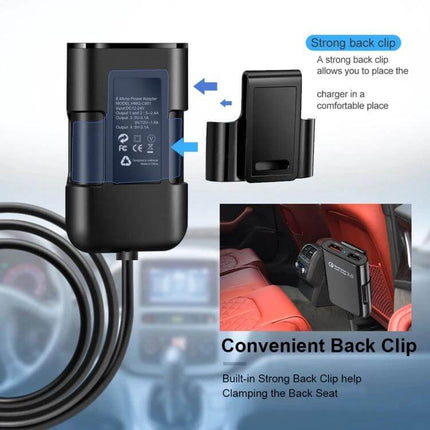 USB Car Charger Hub For Front And Back Seat Charging with strong back clip mounted behind car seat for rear and front passenger charging