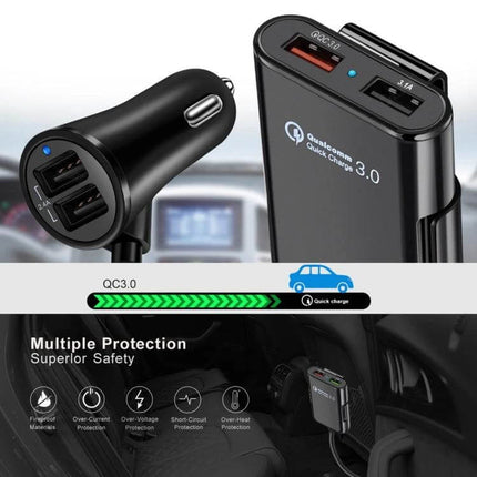 USB Car Charger Hub For Front And Back Seat Charging with dual USB ports, QC3.0 fast charging and multiple safety protections
