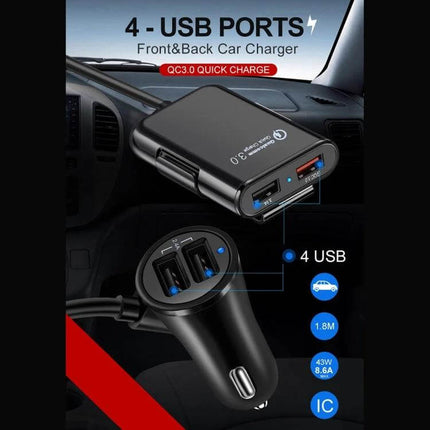 USB Car Charger Hub For Front And Back Seat Charging 4-port QC3.0 car adapter for family trips and rideshares