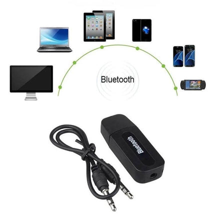 M1 Bluetooth Audio Transmitter Receiver For Portable Audio black dongle with 3.5mm cable connecting phones tablets laptops to non‑Bluetooth speakers
