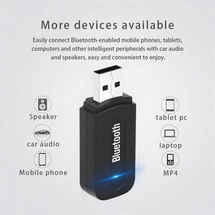 M1 Bluetooth Audio Transmitter Receiver For Portable Audio USB dongle shown with device compatibility icons