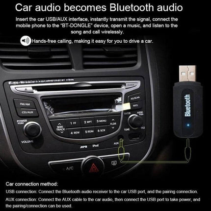 M1 Bluetooth Audio Transmitter Receiver For Portable Audio plugged into car USB port to add Bluetooth to non-Bluetooth car stereo