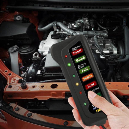 TIROL Car Battery Checker For Routine Vehicle Maintenance handheld battery and alternator tester showing Good and Full indicators in car engine bay