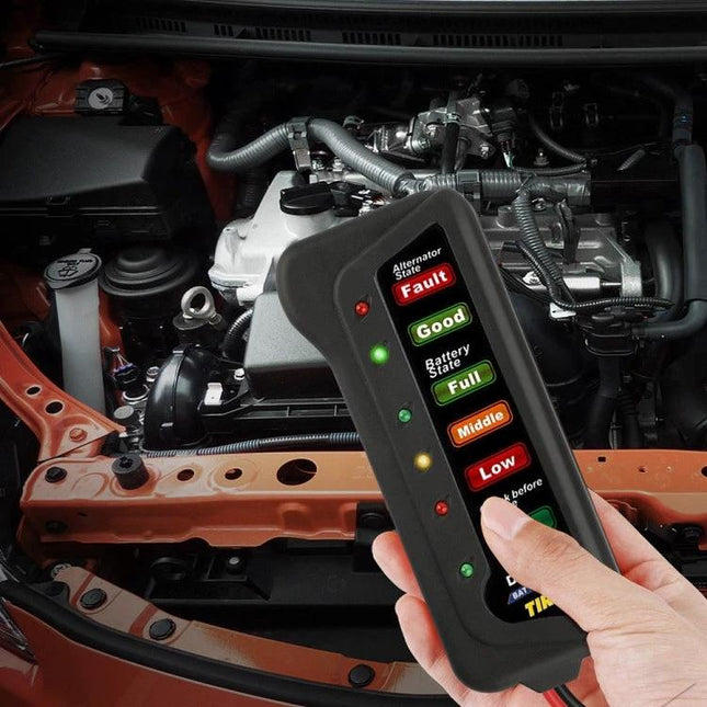 TIROL Car Battery Checker For Routine Vehicle Maintenance handheld battery and alternator tester showing Good and Full indicators in car engine bay