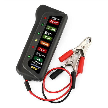 TIROL Car Battery Checker For Routine Vehicle Maintenance handheld LED battery and alternator tester with red and black alligator clips