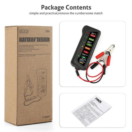 TIROL Car Battery Checker For Routine Vehicle Maintenance - product with box, tester device and instruction manual