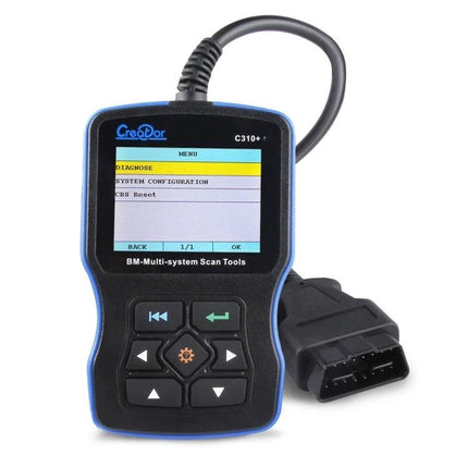 Creator Tool for Everyday Car Maintenance and Checks handheld BMW OBD2 scanner showing menu to read and clear engine codes