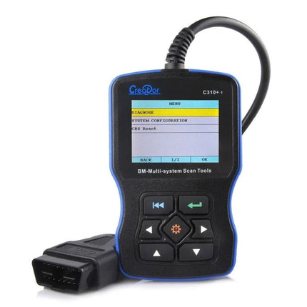 Creator Tool for Everyday Car Maintenance and Checks handheld BMW OBD2 scanner showing menu and connector for reading and clearing engine codes