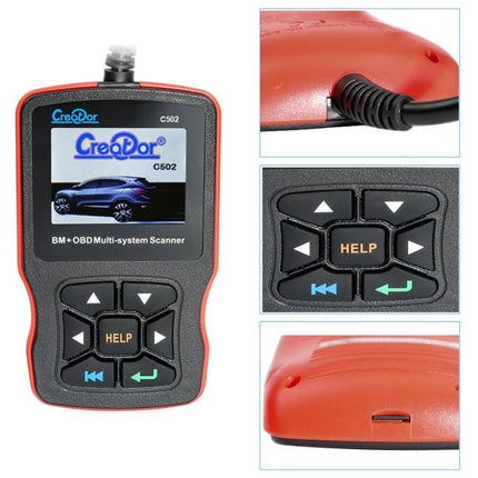 Creator Tool for Everyday Mercedes-Benz Vehicle Maintenance - Creator C502 OBD2 scanner front view with HELP buttons and cable