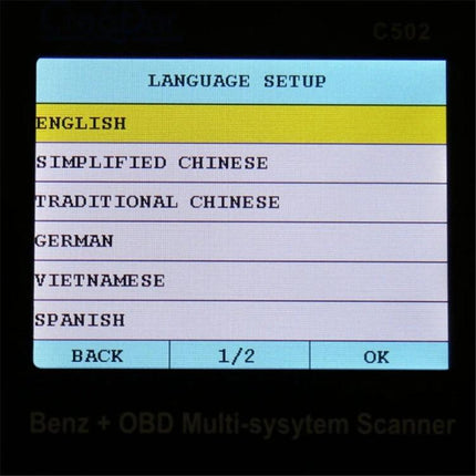 Creator Tool for Everyday Mercedes-Benz Vehicle Maintenance — C502 screen showing language setup menu (English selected)