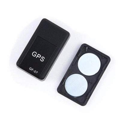 Mini Magnetic GPS Tracker for Real-Time Vehicle Location - compact black GF-07 GPS tracker with magnetic plates for vehicle tracking and real-time monitoring