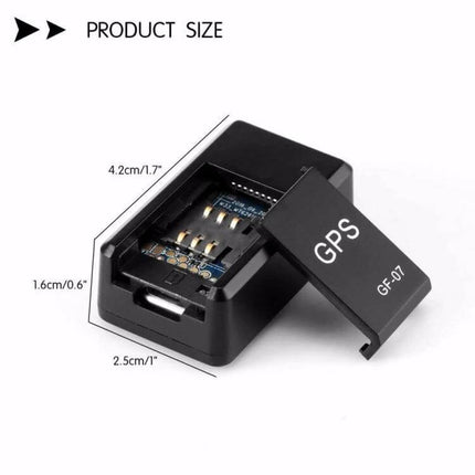 Mini Magnetic GPS Tracker for Real-Time Vehicle Location compact black GPS GF-07 with SIM slot and product size dimensions