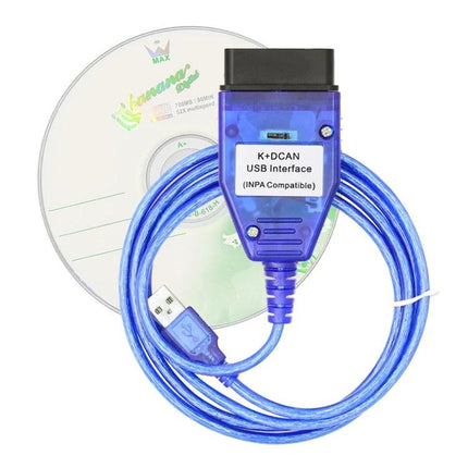 INPA USB Cable for Everyday BMW Vehicle Maintenance - blue K+DCAN USB interface with OBD connector and installation CD