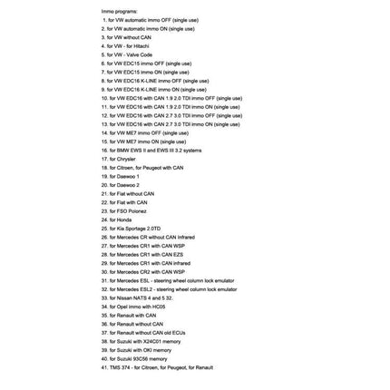 SQU Tool for Everyday Car System Checks and Resets showing list of 68 immo programs and supported car models for routine checks