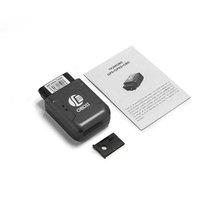 GPS Car Tracker with Vibration Alarm for Vehicle Security OBDII plug-in device with manual showing real-time tracking and vibration alert