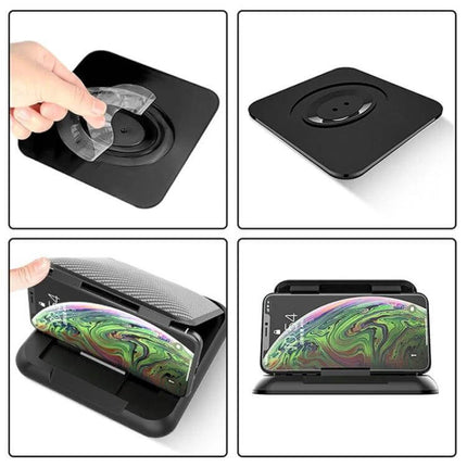 Carbon Fiber Texture Silicone Car Phone Holder for Smartphones shown installed in vehicle, textured silicone grip holding smartphone securely