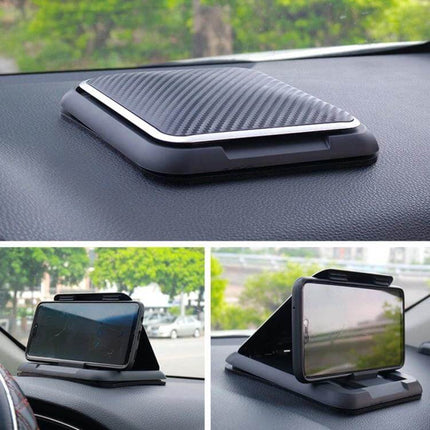 Carbon Fiber Texture Silicone Car Phone Holder for Smartphones on dashboard, non-slip mount keeping phone stable during driving
