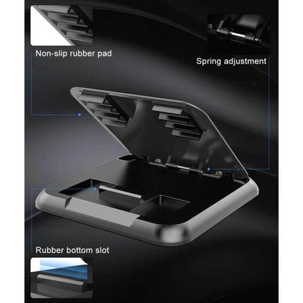 Carbon Fiber Texture Silicone Car Phone Holder for Smartphones on dashboard showing non-slip rubber pad, spring adjustment and rubber bottom slot