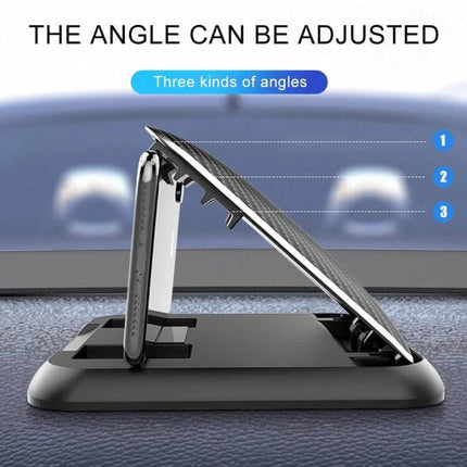 Carbon Fiber Texture Silicone Car Phone Holder for Smartphones shown adjustable at three angles on dashboard, anti-slip silicone base and textured surface