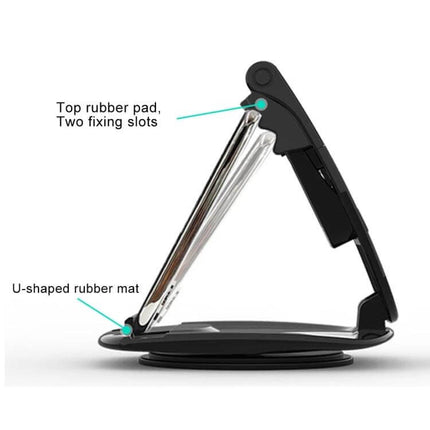 Adjustable Car Dashboard Phone Holder for 3.5 to 6.5 Inch Phones showing foldable stand, top rubber pad and U-shaped rubber mat for secure dashboard mounting