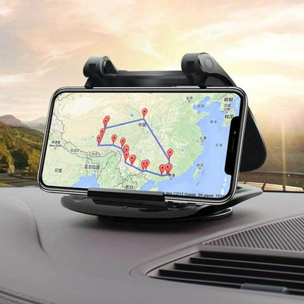 Adjustable Car Dashboard Phone Holder for 3.5 to 6.5 Inch Phones showing a smartphone with navigation map mounted on a car dashboard