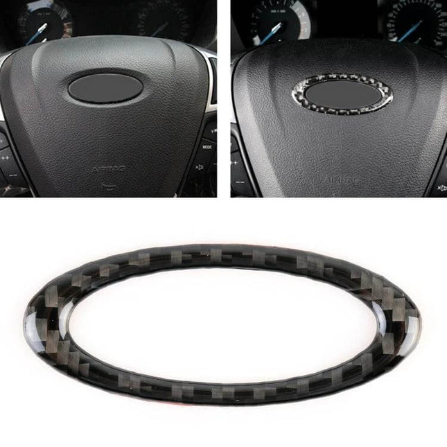 Decorative Carbon Fiber Steering Wheel Frame for Ford Mondeo shown installed and as standalone carbon fiber trim ring