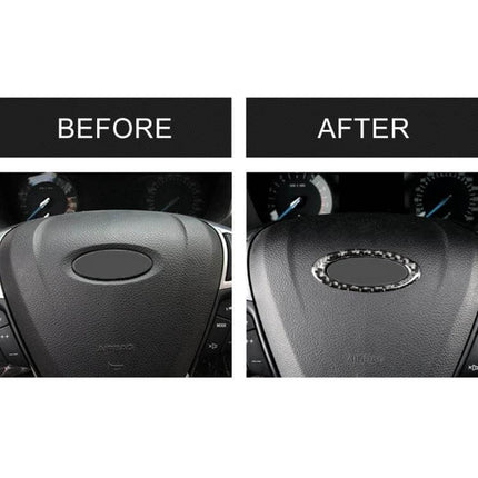 Decorative Carbon Fiber Steering Wheel Frame for Ford Mondeo shown in before and after installation on steering wheel center