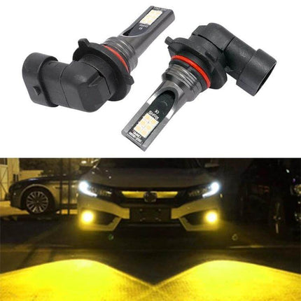 Car LED Fog Light Set Of Two White Light For All Season Driving - two compact LED fog bulbs showing installation and bright road illumination