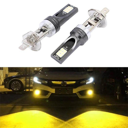Car LED Fog Light, 3000K Warm Yellow for Foggy Roads - compact LED bulbs showing warm yellow beam improving visibility in foggy, rainy conditions