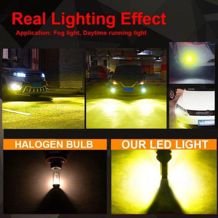 Car LED Fog Light, 3000K Warm Yellow for Foggy Roads showcasing bright warm yellow beam on cars and road edges for improved fog visibility