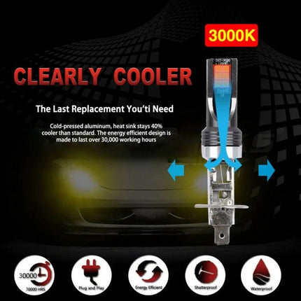 Car LED Fog Light, 3000K Warm Yellow for Foggy Roads - single bulb showing warm 3000K beam, plug-and-play design, energy-efficient and waterproof