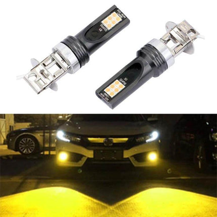 Car LED Fog Light 2-Pack for Easy Night Driving on Wet Roads - yellow LED fog bulbs showing dual-beam on wet pavement for improved visibility