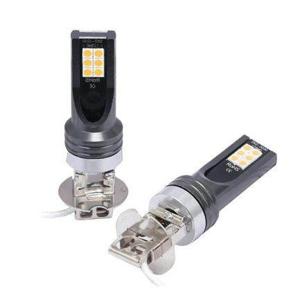 Car LED Fog Light 2-Pack for Easy Night Driving on Wet Roads showing two yellow LED fog bulbs with metal bases, ready-to-install for rainy driving
