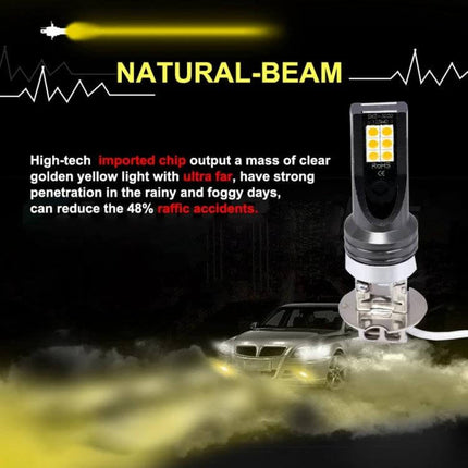 Car LED Fog Light 2-Pack for Easy Night Driving on Wet Roads yellow beam fog lamp close-up showing natural-beam and car in mist