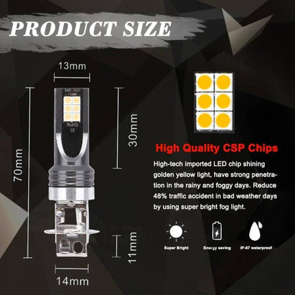 Car LED Fog Light 2-Pack for Easy Night Driving on Wet Roads - yellow CSP chip fog lamp size diagram and features