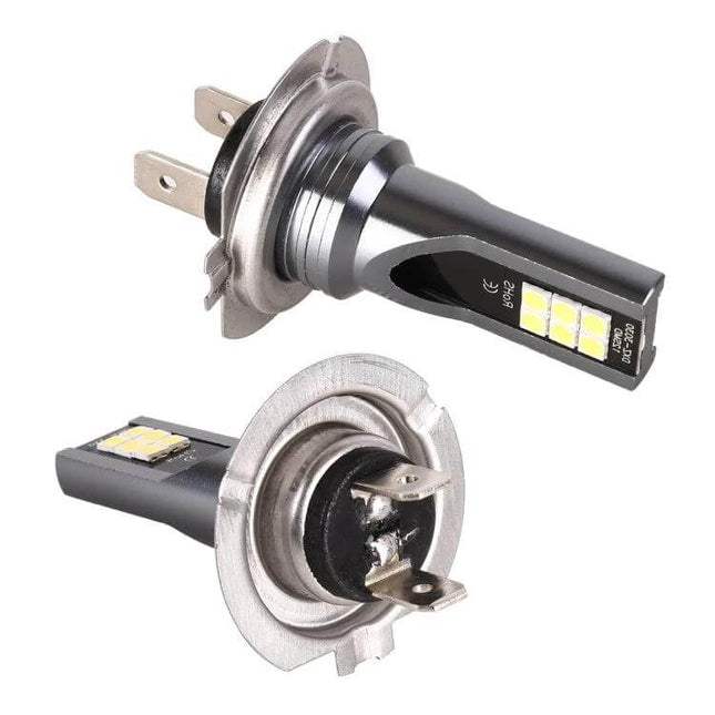 H7 Car LED Fog Light White Beam, Easy to Install, Pack of 2 - close-up of two H7 LED fog light bulbs showing LED chips and metal H7 base